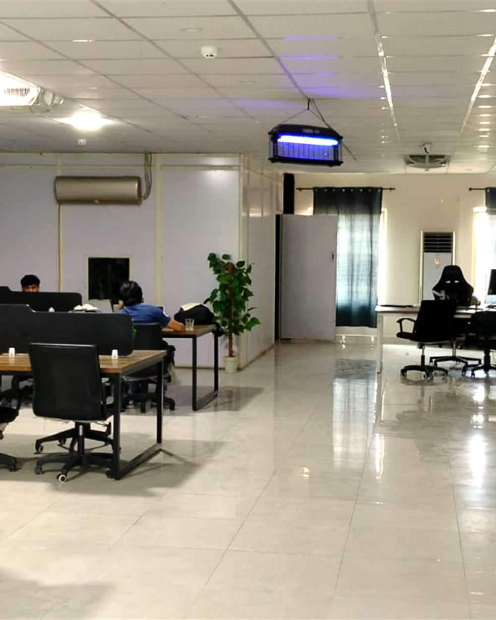 Rows of desks and task chairs on the coworking floor