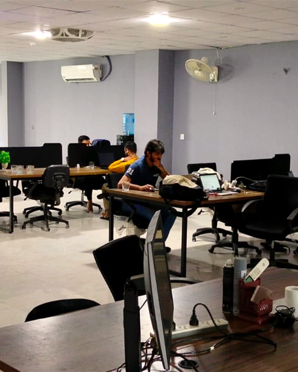 Members at their desks under the lights on the coworking floor
